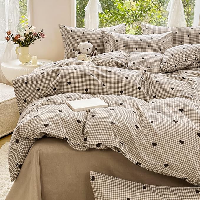 Sedefen Gingham Duvet Cover Set Queen Size, 3 Pieces Brown Plaid Bedding Set with Cute Heart Pattern, Kids Boys Girls Tan Checked Grid Soft Microfiber Duvet Cover for Bedroom Decor