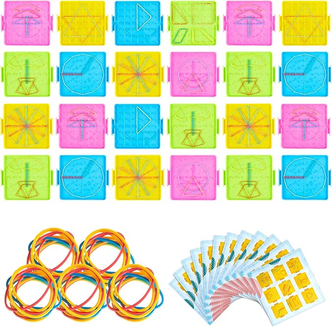 Deekin 24 Pcs Double Sided Geoboard Mathematical Kids Geoboards with Rubber Bands Math Manipulatives Toy for Geometry, 6.9 x 6.3 Inches Classroom Back to School