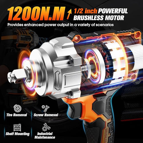 1/2" Cordless Impact Wrench, 900Ft-lbs (1200N.m) Brushless High Torque Impact Gun,3800RPM,3 Variable Speeds,LED Light,2x4000mAh Battery, 5 Sockets,Electric Impact Gun for Car/Mower/Pickup
