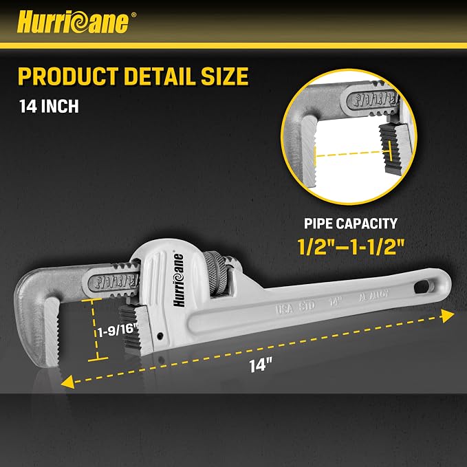 HURRICANE 14-Inch Aluminum Pipe Wrench,Heavy Duty Adjustable Plumbing Wrench,Straight Handle Plumbers Tool,40% Lighter Weight