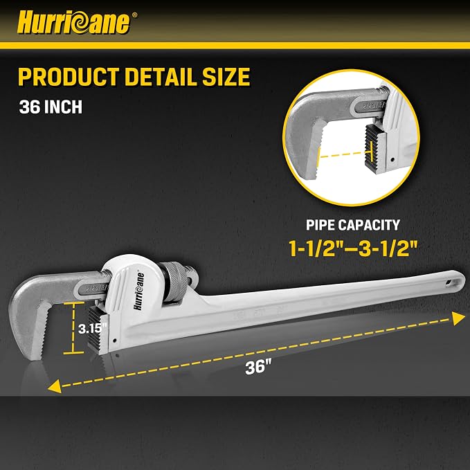 HURRICANE Aluminum Pipe Wrench, 36 Inch, Heavy Duty Adjustable Plumbing Tool, Steel Jaws, Lightweight Construction, 2-4.5 Inch Grip Range