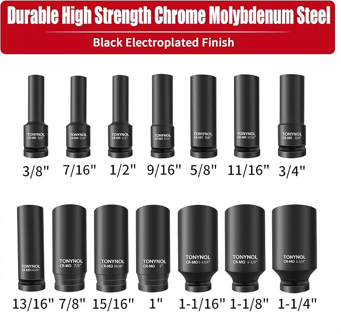 TONYNOL 1/2" Deep Drive Impact Socket Set,6‑Point,SAE (3/8"‑1‑1/4"),14Pcs | Cr-Mo Steel,With a Storage Case