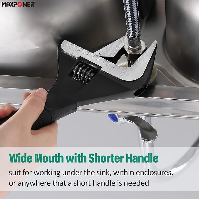 MAXPOWER 12-inch Wide Jaw Adjustable Wrench, 2.4" Jaw Opening, Cr-V Steel | Stubby Plumbing Wrench, Soft Grips, Smooth Jaws
