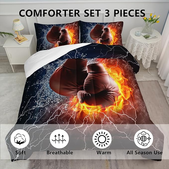 Axolotl Boxing Bedding Set King,Sports Theme Comforter Set,3Pcs Boxing Gloves Bedding,Red Blue Cool Lightning Comforter,Pugilism Games Bed for Kids Boys Teens Men,1 Quilt 2 Pillowcases