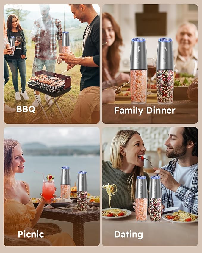9oz XL Capacity Sangcon Gravity Electric Salt and Pepper Grinder Set Shaker Rechargeable - USB-C No Battery Needed One Hand Operation Adjustable Coarsenes Automatic Mill