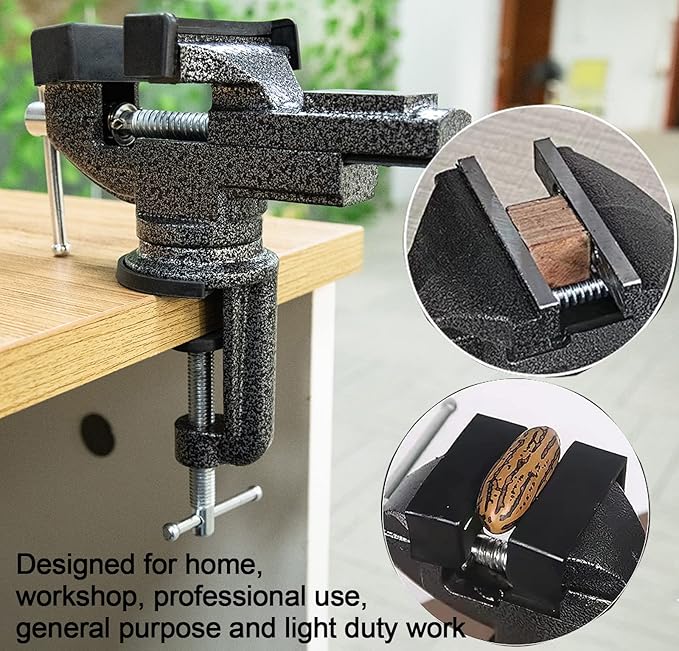 Universal Table Vise 3 Inch, Home Vise Clamp-on Portable Bench Clamp, 360° Swivel Base Clamps Fixed Tool for Woodworking, Handcraft Creations, Metalworking, Cutting Conduit, Drilling, Sawing (Black)