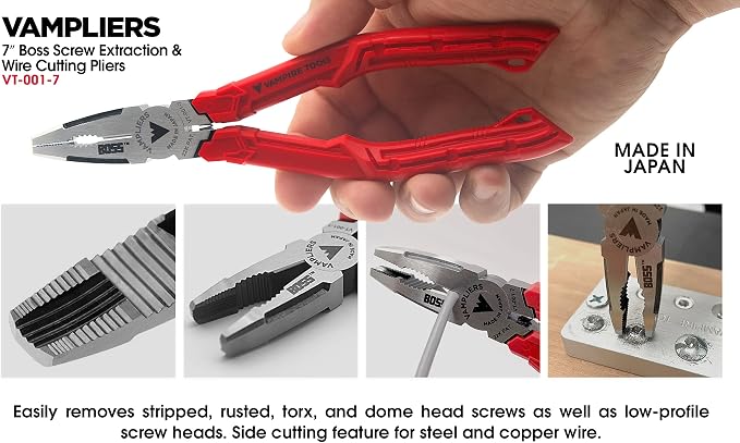 VAMPLIERS 2-PC Screw Extraction Pliers Set. Includes: 7" Slip-Joint + 7" BOSS Stripped Screw Removal Pliers. Unique Non-slip Jaws. Made in Japan.