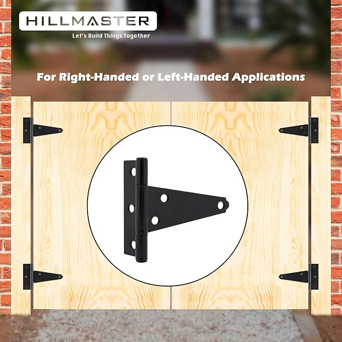 Hillmaster 4 Inch T-Strap Heavy Duty Shed Door Hinges - Black Tee Hinge for Wooden Fences, Shutter, Window, Yard, Barn Door, Outdoor (2 Pack)