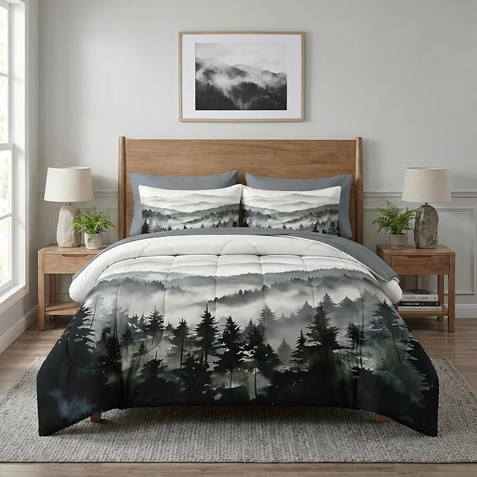Nesker Comforter Set Full Size, Ink Forest 7 Pcs Bedding for Kids and Adults, Misty Mountains Bed Sheet Sets with Fitted Sheet 2 Pillowcases & 2 Shams