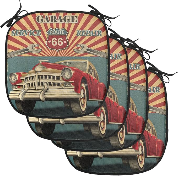 Lunarable Americana Chair Cushion Pads Set of 4, Vintage Garage Artwork with a Nostalgic Car Illustration Retro Vibes Route 66 Print, Anti-Slip Seat Padding for Kitchen & Patio, 16"x16", Teal