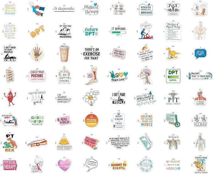100Pcs Physical Therapy Stickers and Decals for Water Bottle, Laptop - Physical Therapist Gifts & Party Decorations - Medical, Occupational Therapy Stickers- Gift for Women & Men