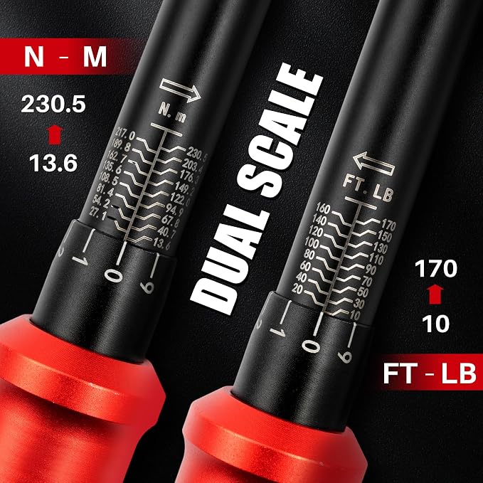 1/2-Inch Drive Click Torque Wrench-10-170 Ft-Lb for Car Motorcycle | Adjustable Inch Pound Torque Wrench(13.6-230.5Nm),72T Dual-Direction Dual Range Scales,3% Precision for Bike Lug Nut Pipe DIY