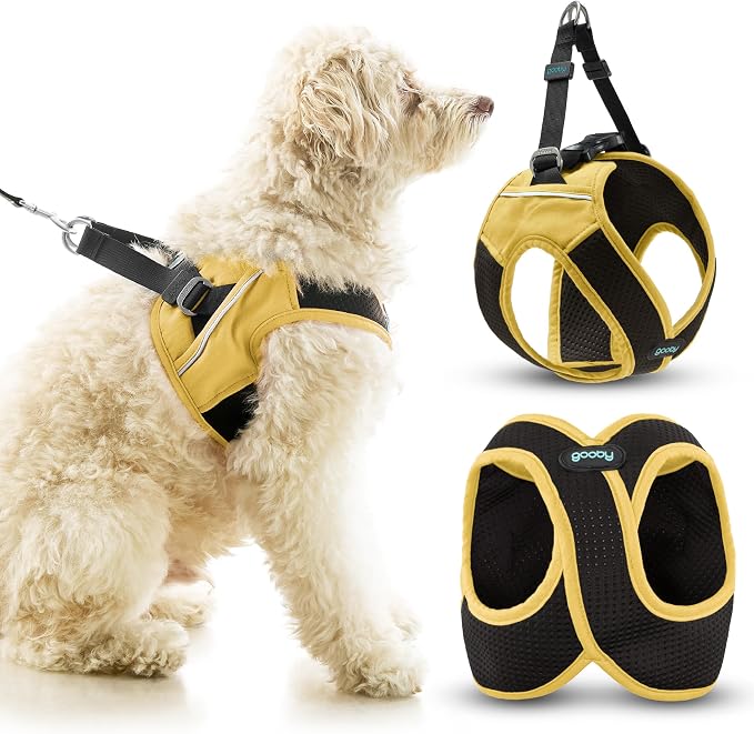 Gooby Escape Free Easy Fit X Step-in Dog Harness, Miami Yellow, Large | Patented escape-free, tightens on back-out; Choke-free X-frame + V-neck; Quick-release buckle; Reflective trim