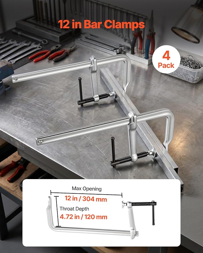 VEVOR Bar Clamps for Woodworking, 4-Pack, 12" Opening, 4.72 in Throat Depth, 1200 lbs Load Limit, Sturdy Steel Forging and Casting, with Swivel Jaw and T-Handle, for Wood Working and Metal Working