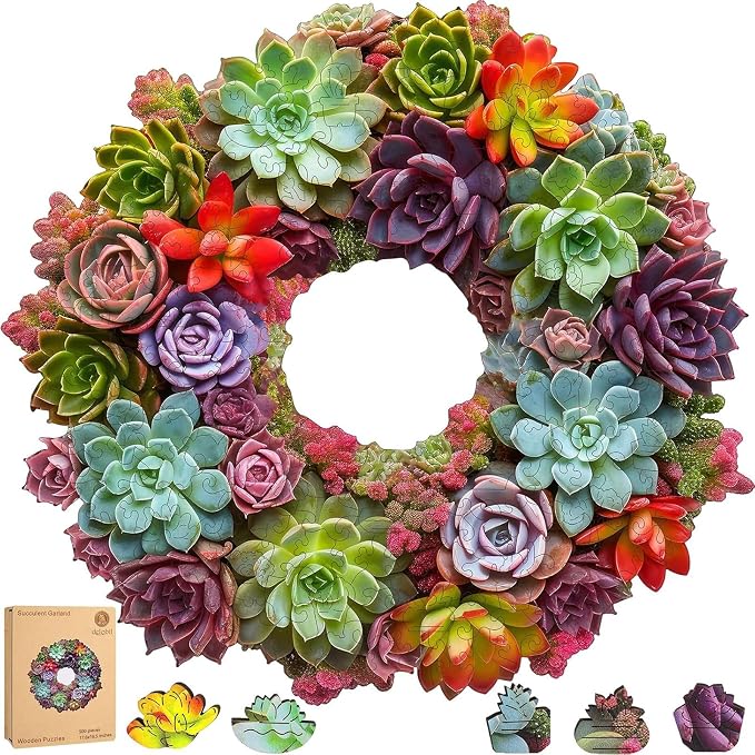 Delobil Succulent Garland Wooden Puzzles for Adults, 500 Pieces Mandala Jigsaw Puzzles, Unique Shaped Royal Size Wood Puzzle Gift for Kids, Family Game 17.6'' x 16.5''