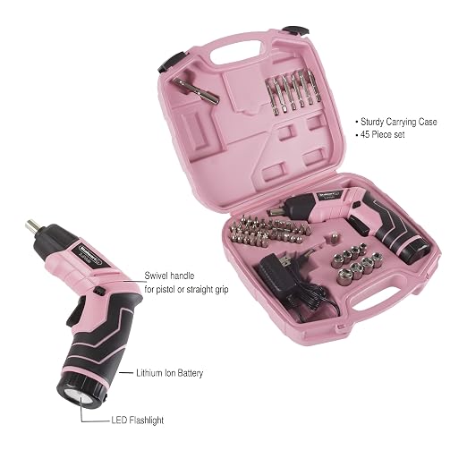 Pivoting Electric Screwdriver - 45-Piece Pink Tool Set - Cordless Power Tool with 3.6V Lithium Battery and LED Flashlights by Stalwart (Pink)