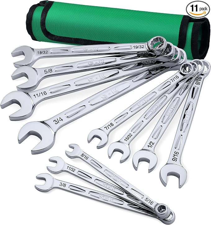 SK Combination Wrench Set, SAE 5/16'' to 3/4'', 11-Piece, CR-V Steel | 12-Point, SureGrip Drive Design, 15-Degree Offset End, Drop Forged, SuperKrome Finish, with Rolling Pouch