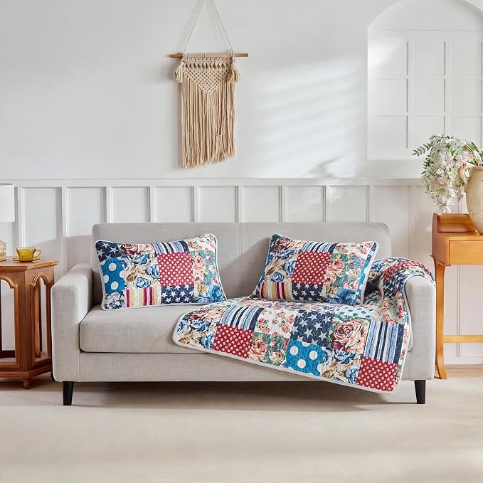 Quilts for Queen Bedding Set Bedspreads - Soft Lightweight Breathable Bedspread Comforter - Boho Cottagecore American Flag Patchwork Coverlet for All Season - 3 Pieces (New-Patchwork Flower, Queen)