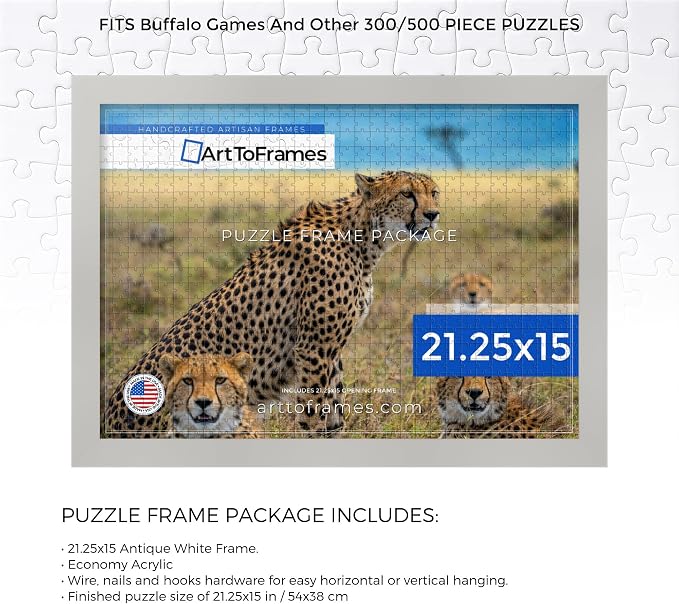 ArtToFrames Puzzle Frame for Buffalo Games 300, 500 Piece Jigsaw Puzzles, 21.25x15 Inch (54x38 cm), Antique White Engineered Wood with Economy Acrylic, Ready to Hang Puzzle Display