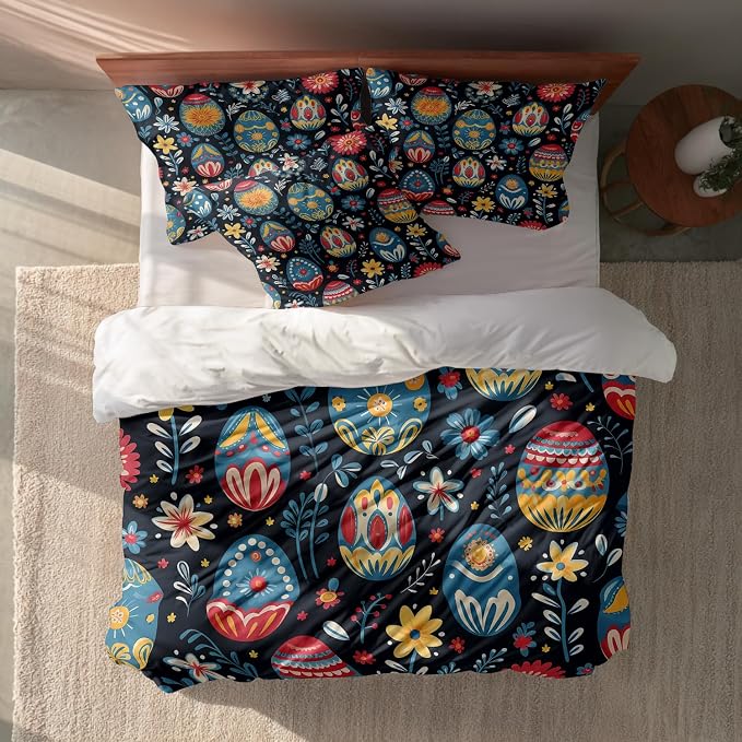Batmerry Easter Eggs Flowers Twin Size 100% Cotton Duvet Cover Sets, Decorative with Colorful Eggs Blooms Bedding Set with Zipper Closure Corner Ties, 3 Pieces (1 Cover + 2 Pillowcases No Comforter)