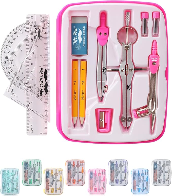 Mr. Pen- Geometry Set, 13 pcs, 3 Metal Compasses, Protractor, 6" Ruler, 45° & 30°/60° Set Squares, Pencils, Lead Refills, Sharpener & Eraser for Math, Drafting & Classroom Use
