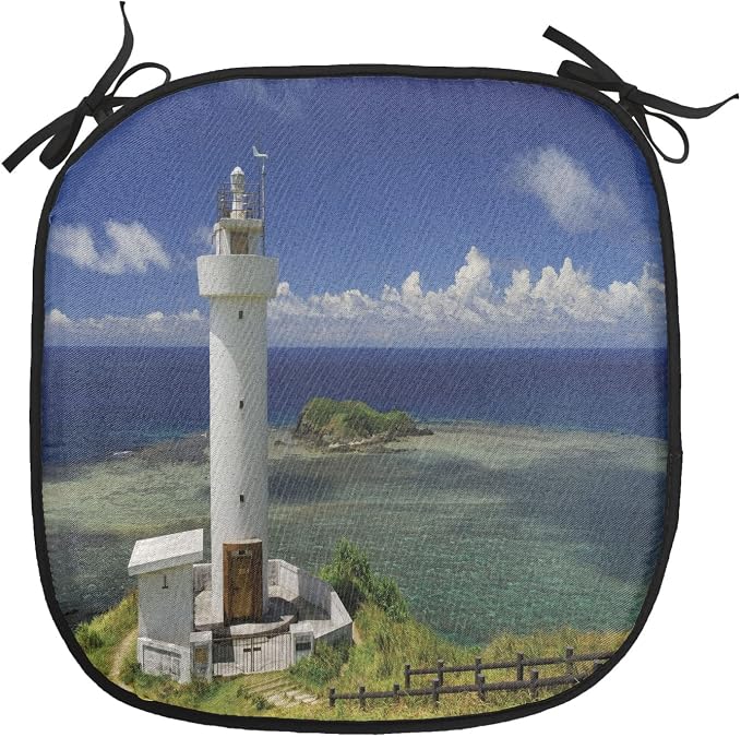 Lunarable Lighthouse Chair Cushion Pads Set of 4, Hiracbosaki Lighthouse Seaside Greenery Clouds Travel Destinations, Anti-Slip Seat Padding for Kitchen & Patio, 16"x16", Navy Blue Green White