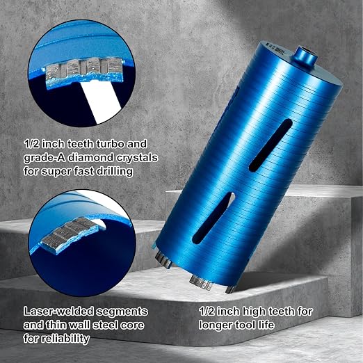 SALI Diamond Core Drill Bits 4 1/4" Diameter 10"/254mm Drilling Depth 5/8-11" Thread Core Bit Turbo Laser-Welded Segments for Cured Concrete with Brick, Block, Masonry with Two Adapters