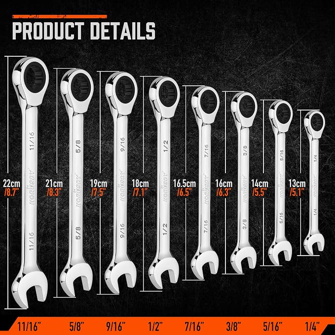 HORUSDY Combination Ratchet Wrenches Set with SAE | 8 Pieces Wrench Set with Wrench Organizer | 72-Tooth | 5° Swing Arc | 1/4" - 11/16" | Chrome Vanadium Steel