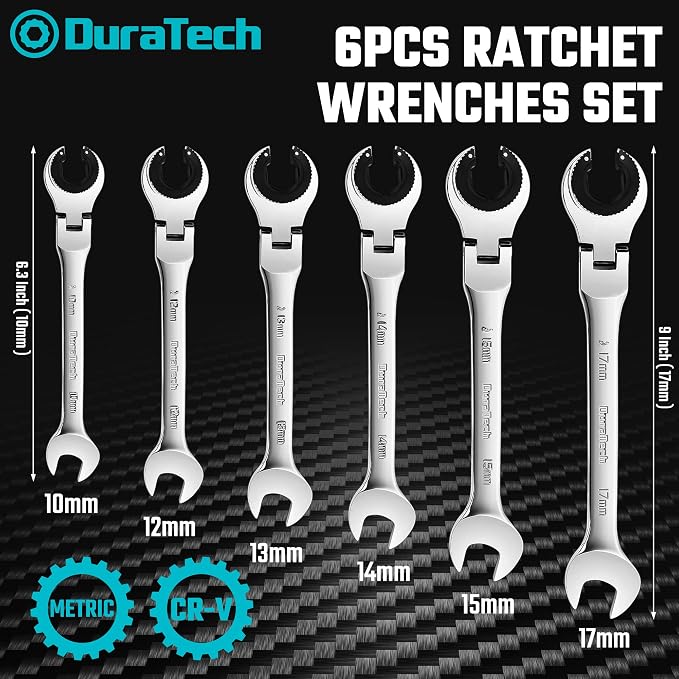 DURATECH 6-Piece Ratcheting Wrench Set with Open Flex-Head, Tubing Wrench | Metric, 10-17mm, 72-Tooth Gear, CR-V Steel, Organizer Bag, Gifts for Men