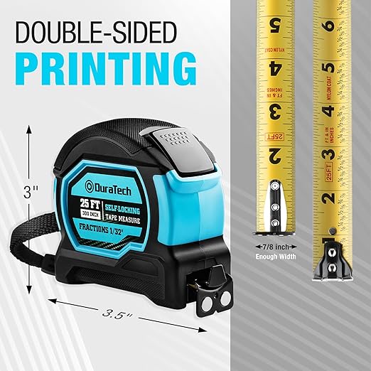 DURATECH 25FT Auto-Lock Tape Measure, Easy Read Magnetic Measuring Tape with Fractions 1/8″, Double Sided Measurement Tape with Minimum Scale 1/32″, Magnetic Hook, and Rubber Protective Casing