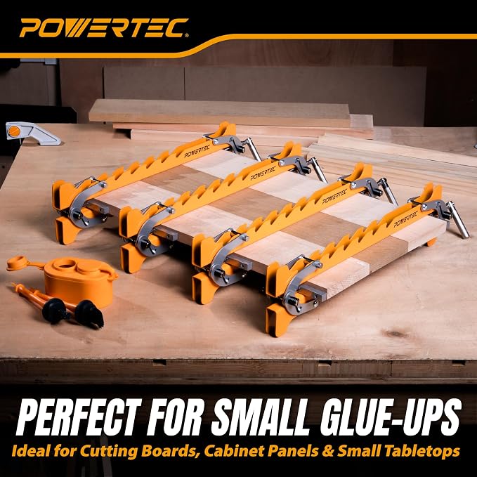 POWERTEC 16" Panel Clamps, 4-Way Pressure Cabinet Clamp Set with Storage Rack, Panel Glue-Up Clamps for Cutting Boards, Tabletops & Wood Panels (72436)