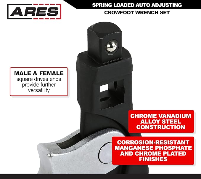 ARES 33008 2-Pc Auto Adjusting Crowfoot Wrench Set - 8-32mm Coverage | Spring-Loaded; Male & Female Square Drives for Increased Versatility