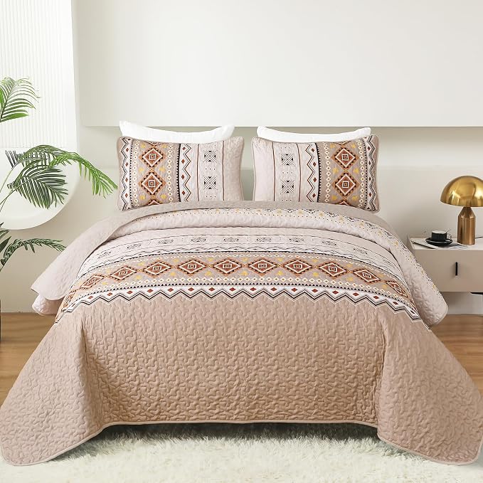 WONGS BEDDING Boho Beige Quilt Set Queen Size,Geometry Printed Bedspread Coverlet Set with 2 Pillowcases,Soft Bohemian Bedding Set Queen 96"×90"