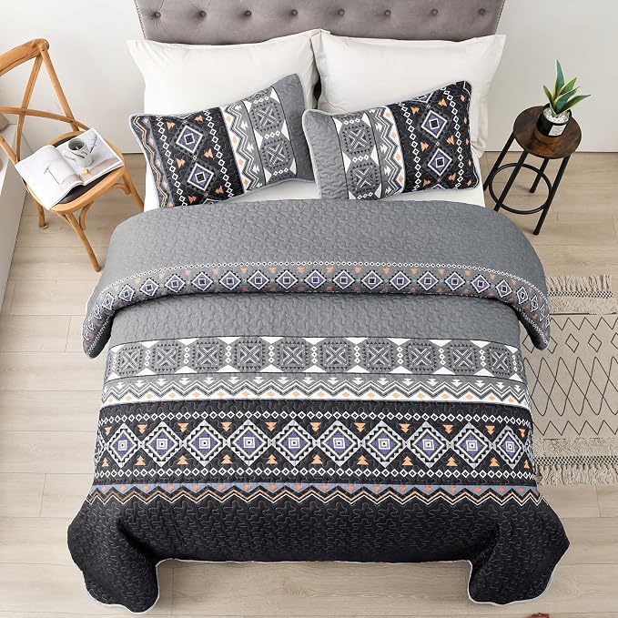 WONGS BEDDING Boho Quilt Set Queen,Black Grey Bedspread Coverlet Set with 2 Pillowcase,Lightweight Geometry Printed Bohemian Bedding Set 96''×90''