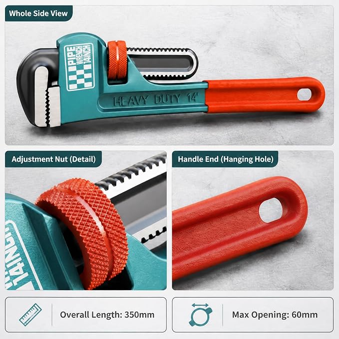 Heavy Duty Pipe Wrench, 14" Adjustable Straight Plumbing Wrench, High Drop-Forged jaws, Professional Pipeline Tool for Water Pipe Fittings, Mechanical assembly, Workshop Operations