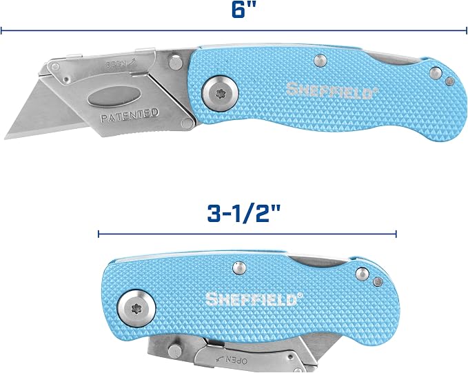 Sheffield 12353 Lock Back Utility Knife 3 Pack with 10 Blades, Quick Change Folding Box Cutter, Aluminum Handle Utility Knives with Pocket Clip, Pink, Purple & Light Blue