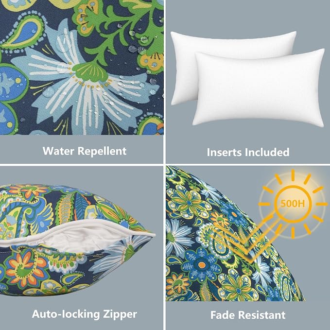 LVTXIII 2 Pack Outdoor Lumbar Pillows 12x20 Inch with White Piping, Fade Resistant Support Throw Pillows with Inserts for Patio Furniture, Sofa, Chair, Bohemian Azure