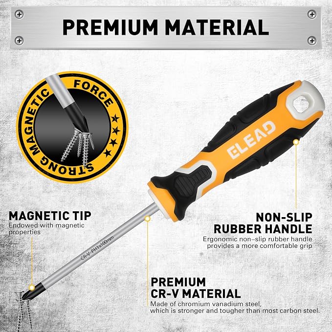 6-Piece Magnetic Screwdrivers Set, 3 Phillips and 3 Slotted Tips Professional Cushion Grip Screwdriver Set