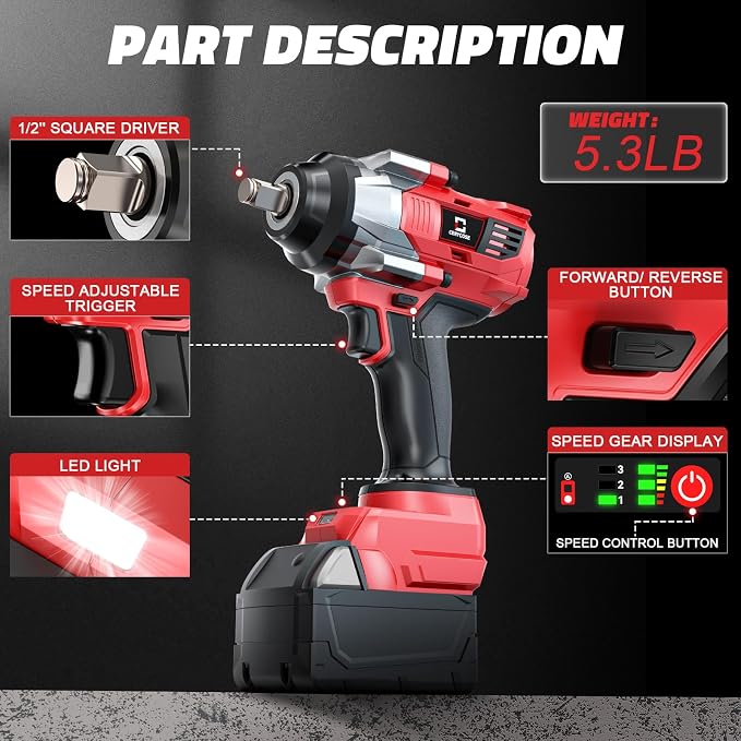 Cerycose Cordless Impact Wrench 1/2 inch Compatible with Milwaukee 18v Battery Brushless High Torque Impact Driver Gun with 1000 Ft-lbs Torque, LED Work Light, Ergonomic Design Heavy-Duty