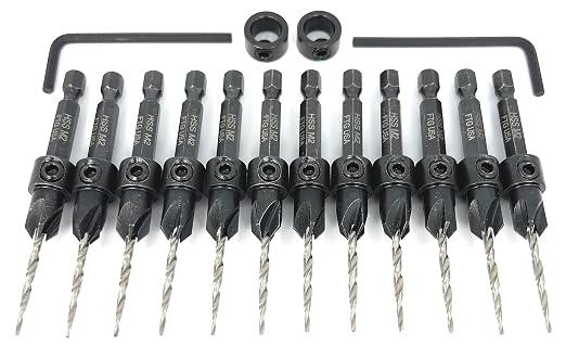 FTG USA 12 Pc #4 (7/64") Countersink Drill Bit Set with Depth Stop Collar, Hex Wrench - Tapered Drill Bits for Wood