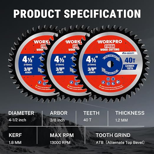 WORKPRO 4-1/2 Inch Woodworking Circular Saw Blade, 40T General Purpose Wood Cutting, Thin Kerf, Carbide Tipped, ATB Tooth, 3-Pack