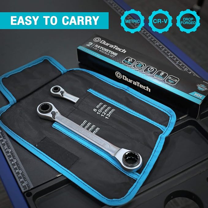 DURATECH 4-in-1 Reversible Ratcheting Box Wrench Set, Metric, 2-Piece | Double Box End, 8mm, 10mm, 12mm, 13mm & 14mm, 15mm, 17mm, 19mm, CR-V Steel, Matte Chrome Plated, Rolling Pouch