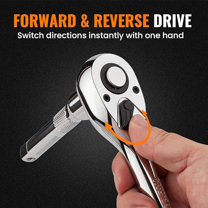 3/8“ Drive 90-Tooth Ratchet Wrench with Extension Bar | Socket Wrench, Reversible Design, Quick-Release, Cr-Mo Head, Cr-V Made, 4° Swing Arc, Full Polished