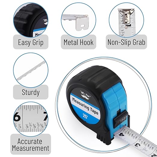 Mr. Pen- Retractable Tape Measure 25 ft, Light Blue, Easy Read, Steel Retractable Measuring Tape with Fractions, Ideal for Construction & DIY Projects