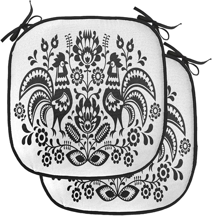 Lunarable Gallus Chair Cushion Pads Set of 2, Polish Floral Design with Roosters Traditional Folk Pattern Easter Celebration, Anti-Slip Seat Padding for Kitchen & Patio, 16"x16", White and Black