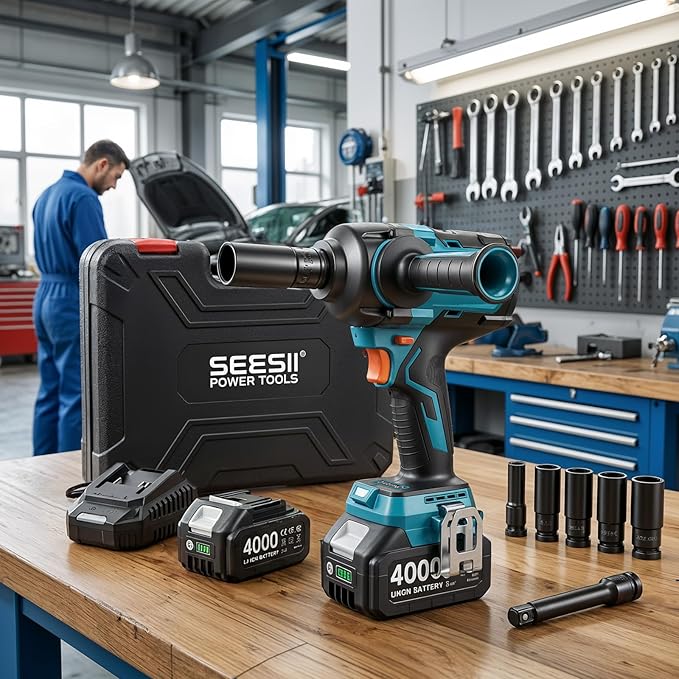 Seesii Upgraded Cordless Impact Wrench 885Ft-lbs (1200N·m): 1/2" Impact Gun with Detachable Side Handle, 21V High Torque Power Impact Driver 2x 4.0Ah Batteries for Family Car/Pickup Truck/Mower