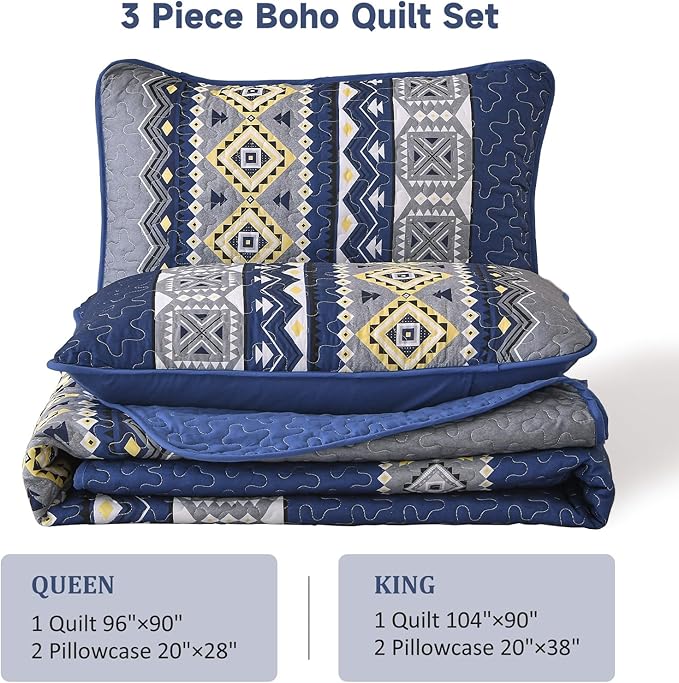 WONGS BEDDING 3 Pieces Quilt Set Queen Size, Navy Blue Quilt Bedspread Lightweight Bohemian Coverlet Set with 2 Pillowcase, Soft Geometry Printed Bedding Set Queen for All Season 96"×90"