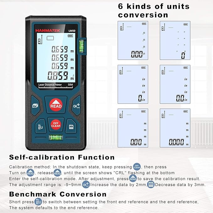 165ft/50m Laser Measure Ft/in/M Switching LM50 Laser Measurement Tool Devices with 2 Bubble Levels Distance Meter,Large Backlit LCD