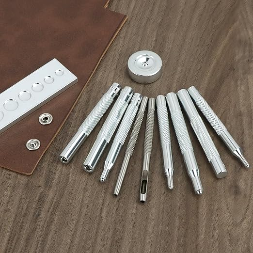 QWORK Craft Tool Die Punch Snap Kit Rivet Setter with Base, Solid Metal Construction, Extra Long Handles, Multi-Size Hole Punch & Universal Setter Base