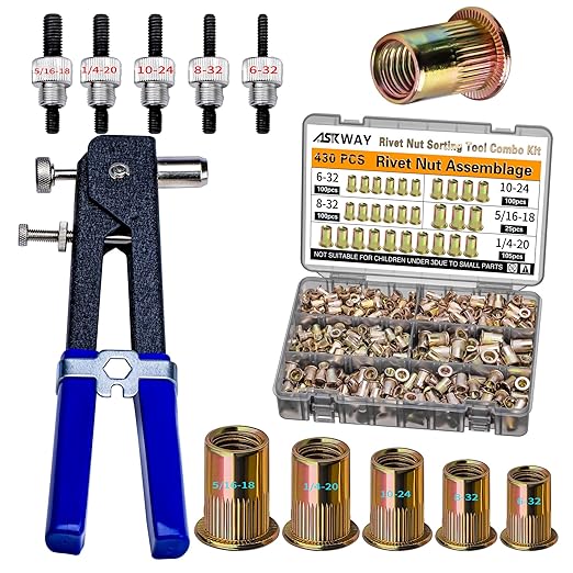 Imperial Rivet Nut Tool Kit 430pcs, SAE Rivet Nut Combination （5/16-18、1/4-20、10-24、8-32、6-32）, Suitable for Automotive, Marine and Industrial Applications(SAE Carbon Steel 430PCS)
